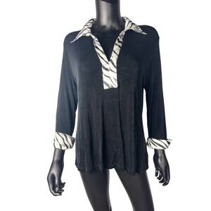 Kiara Xl Black Blouse Long Sleeve Black/White V-Neck Collar Cuff Top